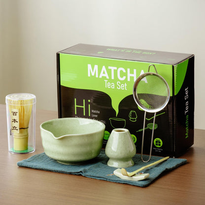 SOOCVWOLF 7 Pcs Matcha Whisk Set, Ceramic Matcha Kit for Tea Ceremony, Matcha Whisk and Bowl, Matcha Tea Set for Making Latte Drinks, Gift for Matcha Lover and Starters(Green)