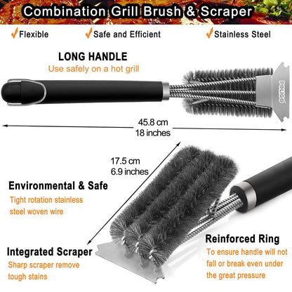 POLIGO Grill Brush and Scraper with Deluxe Handle - Safe Wire Stainless Steel BBQ Brush for Gas Infrared Charcoal Porcelain Grills - Ideal Gift BBQ Cleaning Brush for Grill Wizard Grate Cleaner