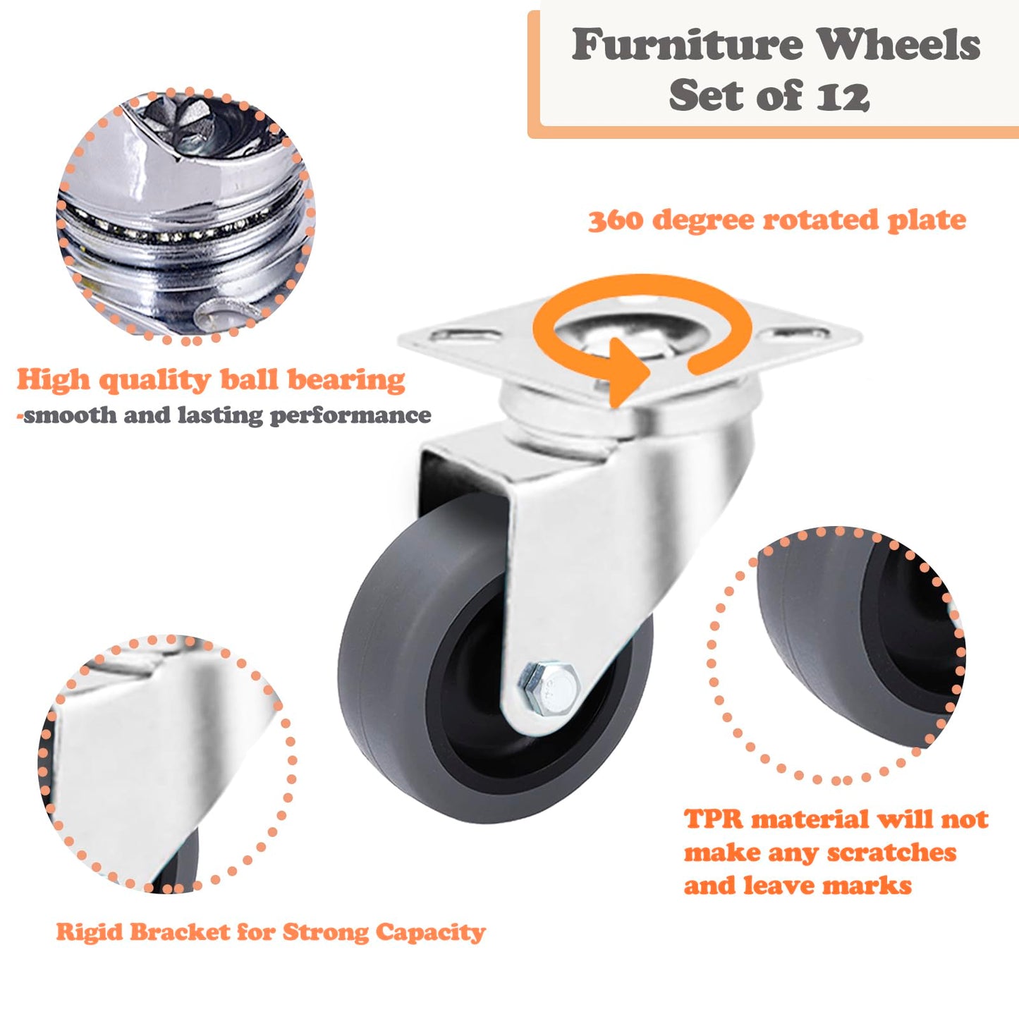 12 Pack 2 Inch Heavy Duty Swivel Caster Wheels, 360 Rotated Plate Wheels, Silent Soft TPR Rolling Castors for Furniture, Utility Carts, Moving Dollies, Shelves, Workshop Equipment