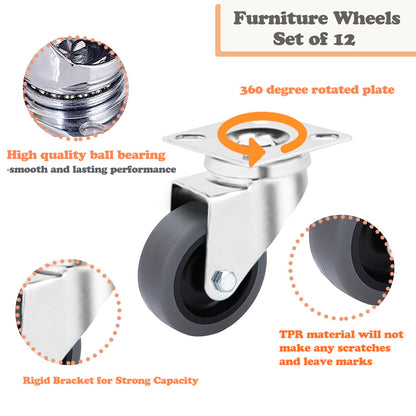 12 Pack 2 Inch Heavy Duty Swivel Caster Wheels, 360 Rotated Plate Wheels, Silent Soft TPR Rolling Castors for Furniture, Utility Carts, Moving Dollies, Shelves, Workshop Equipment
