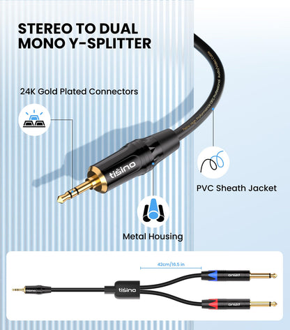 TISINO 1/8 to 1/4 Stereo Cable, 1/8 Inch TRS Stereo to Dual 1/4 inch TS Mono Y-Splitter Cable 3.5mm Aux Mini Jack to Jack Breakout Cord for Smartphone, CD Player, Speakers, Amplifiers - 10 feet