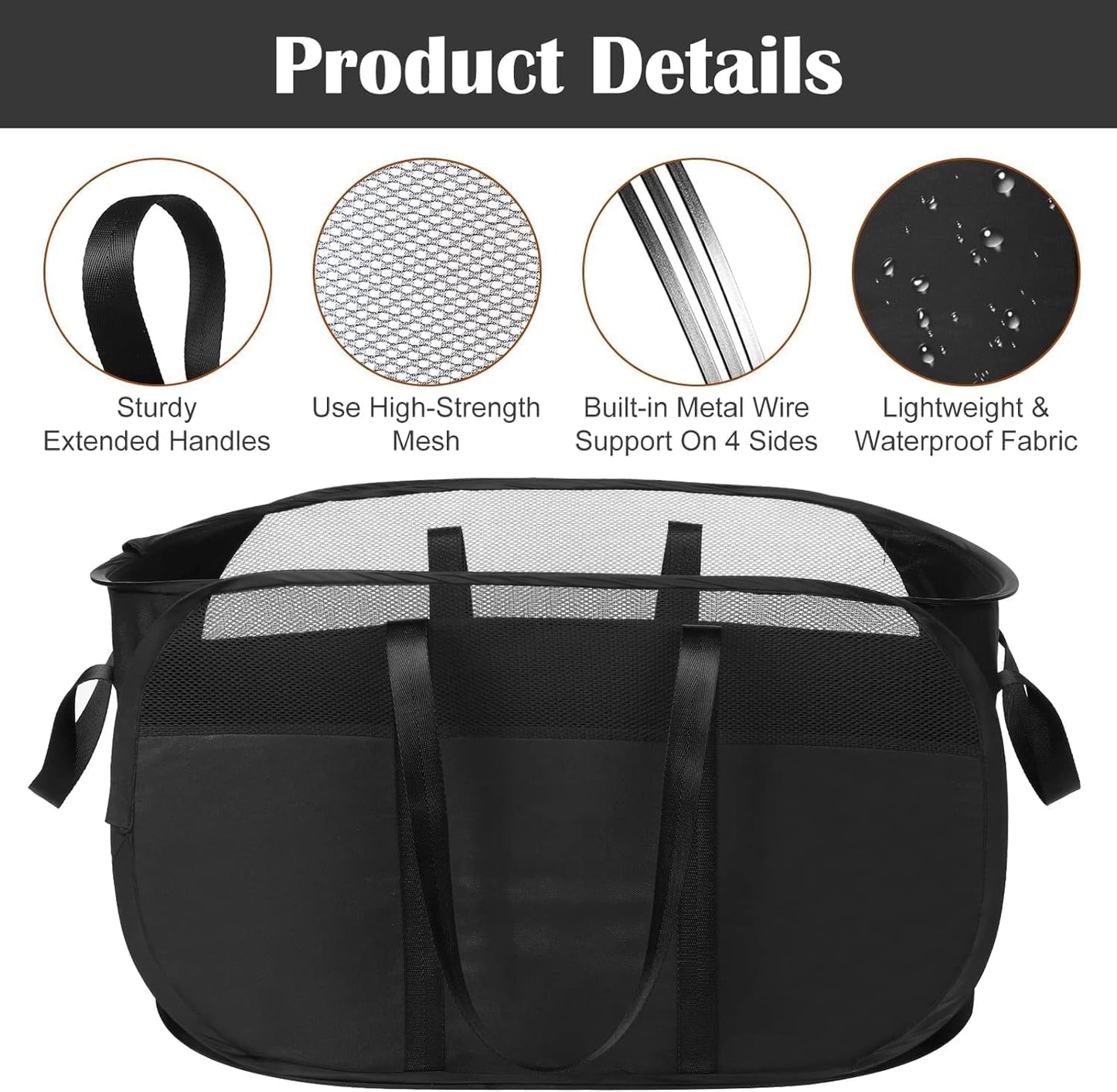 2pcs Mesh pop up Laundry Hamper,Easy to Collapsible Laundry Basket, portable with Strong Handles clothes Hamper,Honeycomb Mesh-Breathable for Laundry,Bathroom,RV,Travel (Black)