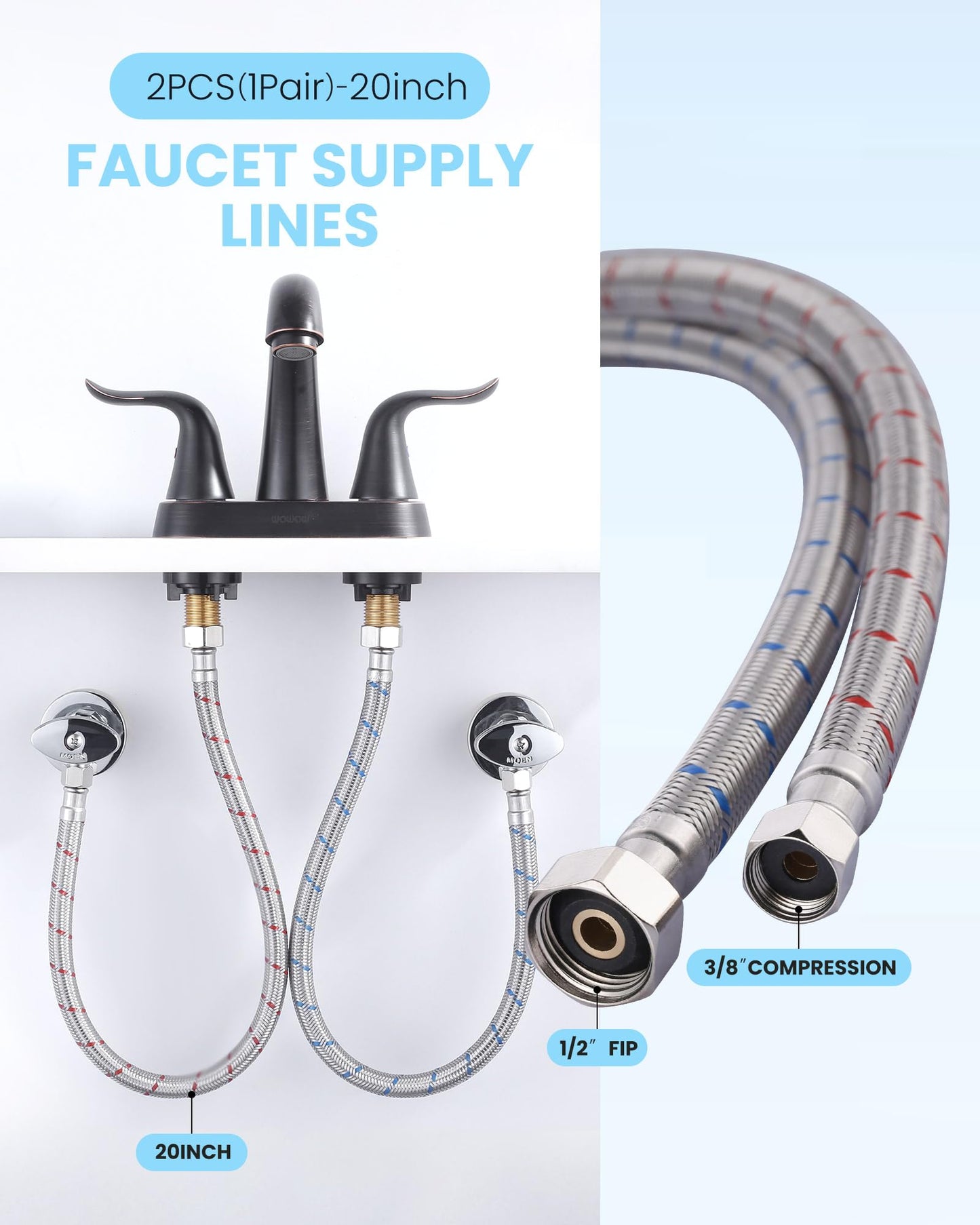 iVIGA 20-Inch Faucet Supply Lines: Braided Stainless Steel Flexible Faucet Hose Connector - 3/8" Compression x 1/2" FIP Water Supply Lines for Bathroom Kitchen Sink Faucet 2PCS