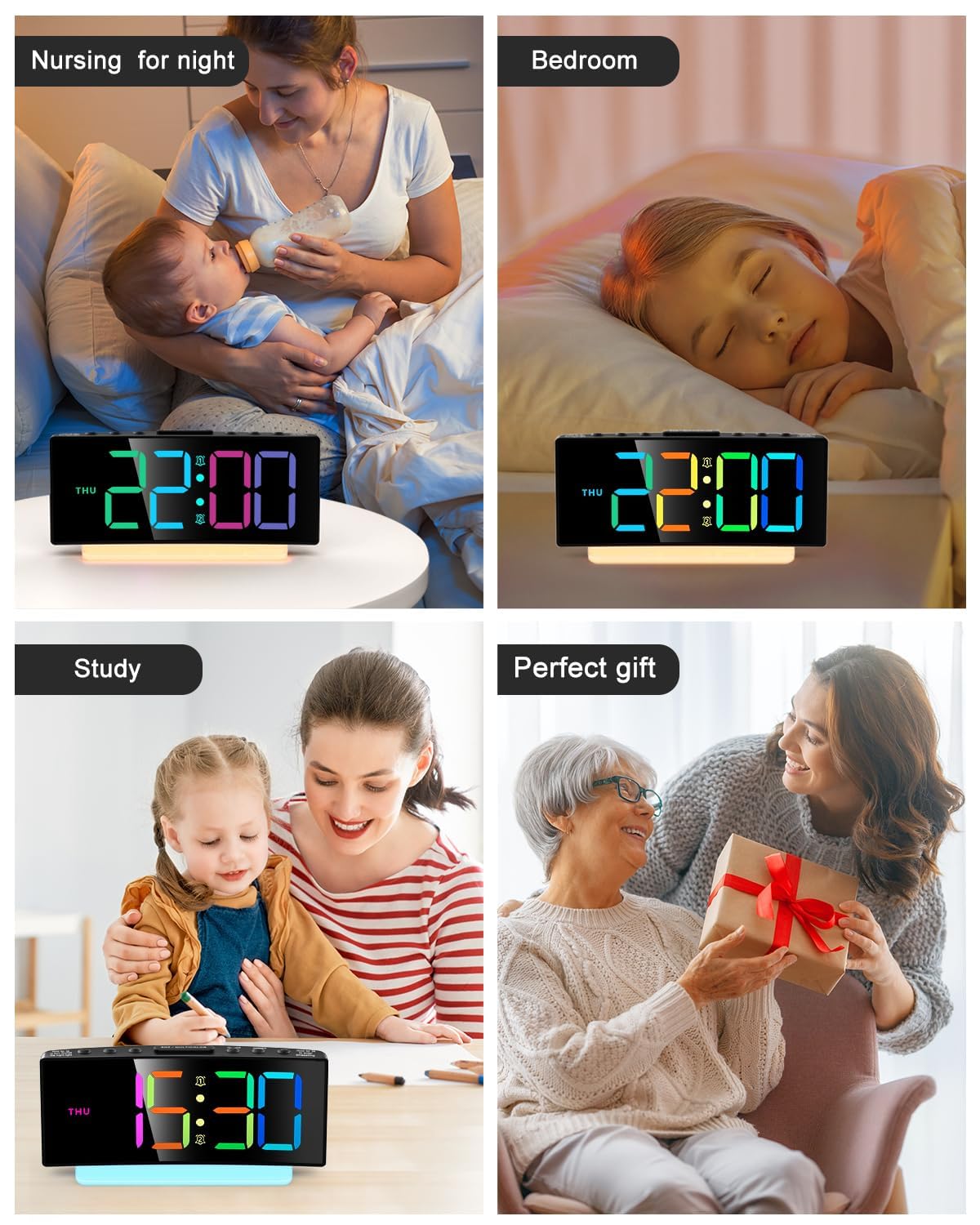 YUNJAYI Kids Alarm Clock for Bedroom, Dynamic RGB LED Digital Clock Large Display with 7 Color Night Lights, Dual Alarm Clocks Bedside, Snooze, 4 Levels Brightness, 3 Volume, 12/24H, Power-Off Memory