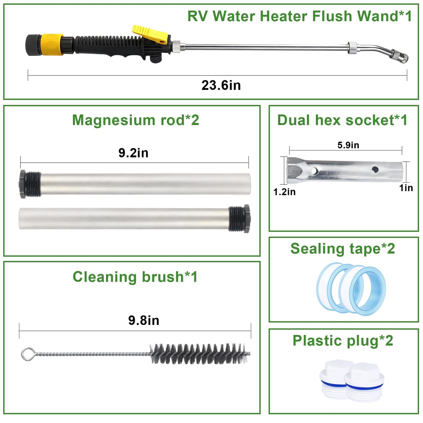 9PCS RV Water Heater Anode Rod & Cleaning Kit - 9.25" L 3/4" NPT Magnesium Rods for Suburban/Mor-Flo, RV Tank Rinser, Stainless Steel Brush, Wrench - Extends Heater Lifespan (9 PCS)