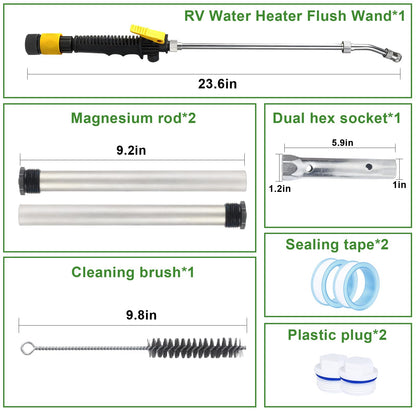 9PCS RV Water Heater Anode Rod & Cleaning Kit - 9.25" L 3/4" NPT Magnesium Rods for Suburban/Mor-Flo, RV Tank Rinser, Stainless Steel Brush, Wrench - Extends Heater Lifespan (9 PCS)