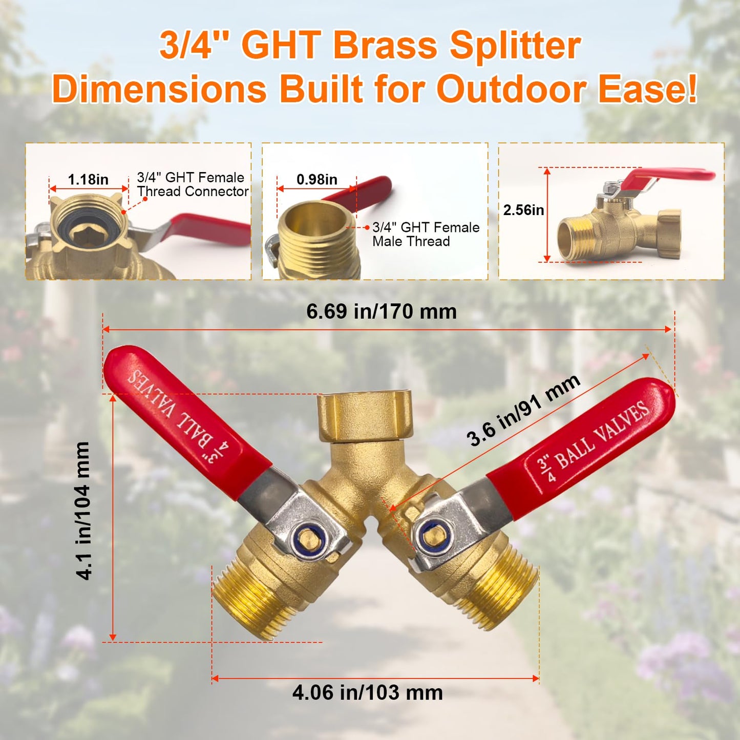 3/4" GHT 2-Way Heavy Duty Hose Splitter - Solid Brass Body & Red-Coated 304 Stainless Steel Handle for RV and Garden Use