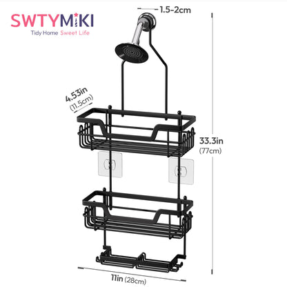 SWTYMIKI Shower Caddy Hanging, Shower Caddy Over Shower Head with 2 Soap Holders & hooks, 3 Tier Antirust & Anti-Swing Bathroom Shelves Organizer No Drilling, Black