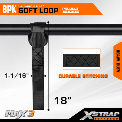 XSTRAP Standard 8PCS Soft Loop Tie-Down Straps1-1/16 x 18 inches - 3600LB Breaking Strength, Loops for Securing Trailering of Bikes, ATV, UTV, Motorcycles, Scooters, Dirt Bikes, Lawn Equipment, Blac