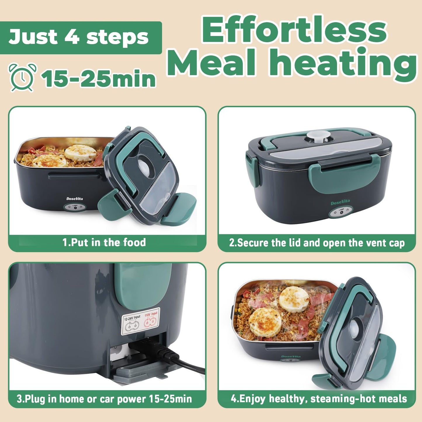 Dosevita Electric Lunch Box for Adults, 80W Heated Lunch Box 1.5L 304 Stainless Steel Portable Food Warmer,12/24/110V Lonchera Eléctrica Portátil for Car, Truck, Work, Travel (Green1)