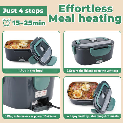 Dosevita Electric Lunch Box for Adults, 80W Heated Lunch Box 1.5L 304 Stainless Steel Portable Food Warmer,12/24/110V Lonchera Eléctrica Portátil for Car, Truck, Work, Travel (Green1)