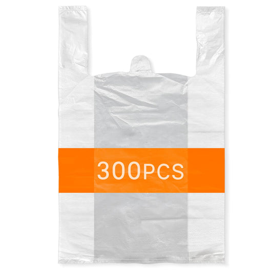 ZKKZOMA T Shirt Bags,17 Mic Thick White Plastic Bags with Handles Bulk,Shopping Bags for Supermarket Restaurant 12 X 20IN (White-300)