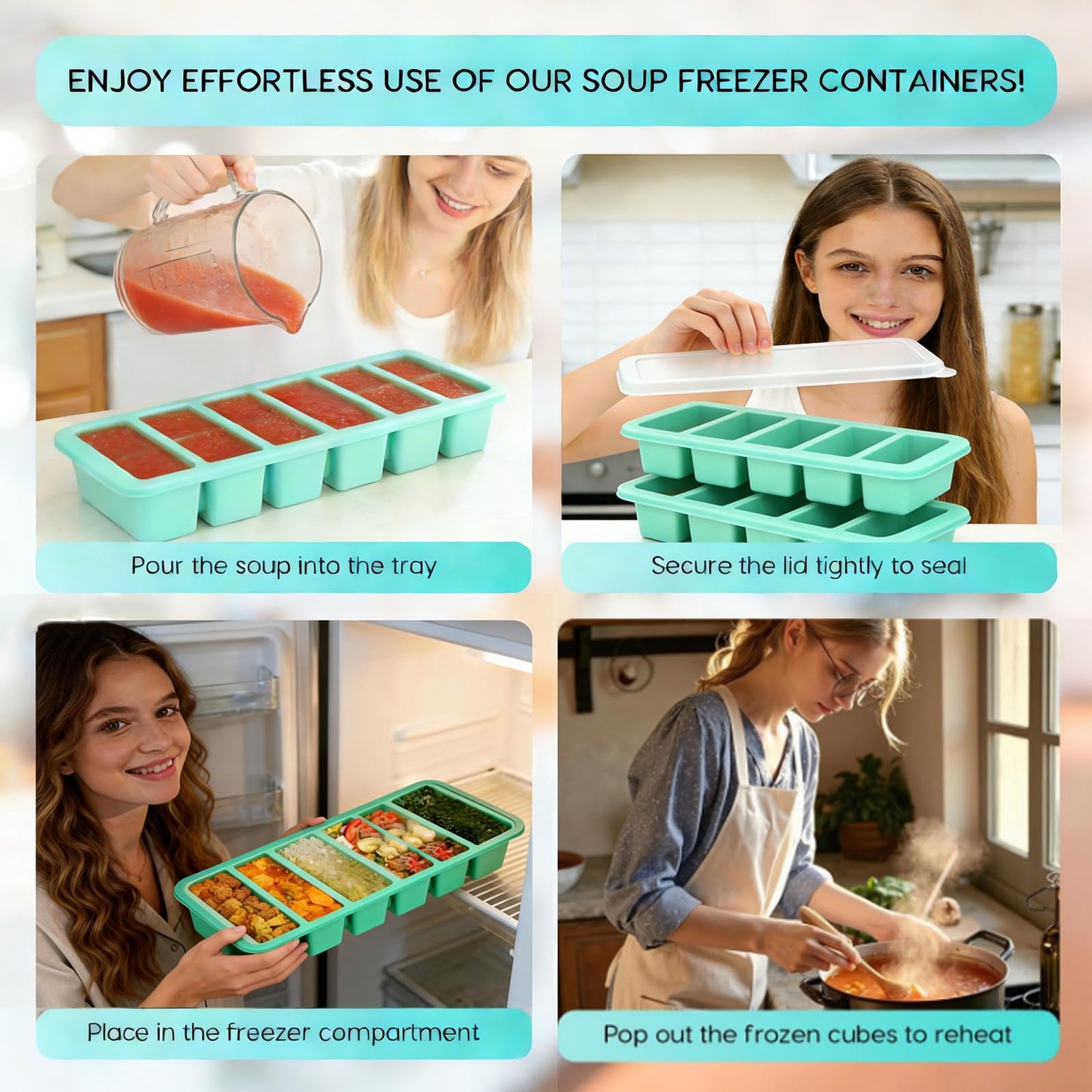 Silicone Freezer Trays with Lids 2-Pack - 1/2 Cup Meal Prep Containers,Food Storage Containers for ice Soup/Sauce, Silicone Freezer Molds