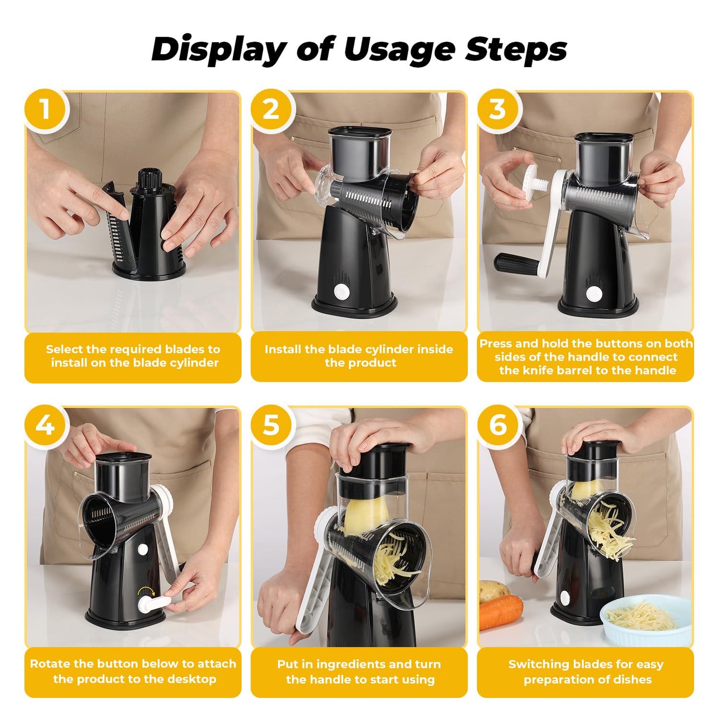 Vihoom Rotary Cheese Grater, 5 in 1 Interchangeable Blades Cheese Shredder, Mandoline Slicer for Kitchen with Cleaning Brush & Bonus Storage Box for Blades (Black)