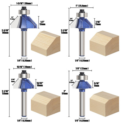 Vearter 4PCS 45 Degree Chamfer Router Bit Set, 1/4'' Shank Carbide Edge Bevel Forming Milling Cutter, DIYer Tool for Woodworking, Wood Profiling, Edging (1/2", 3/8", 5/16", 1/4" Bevel Length)