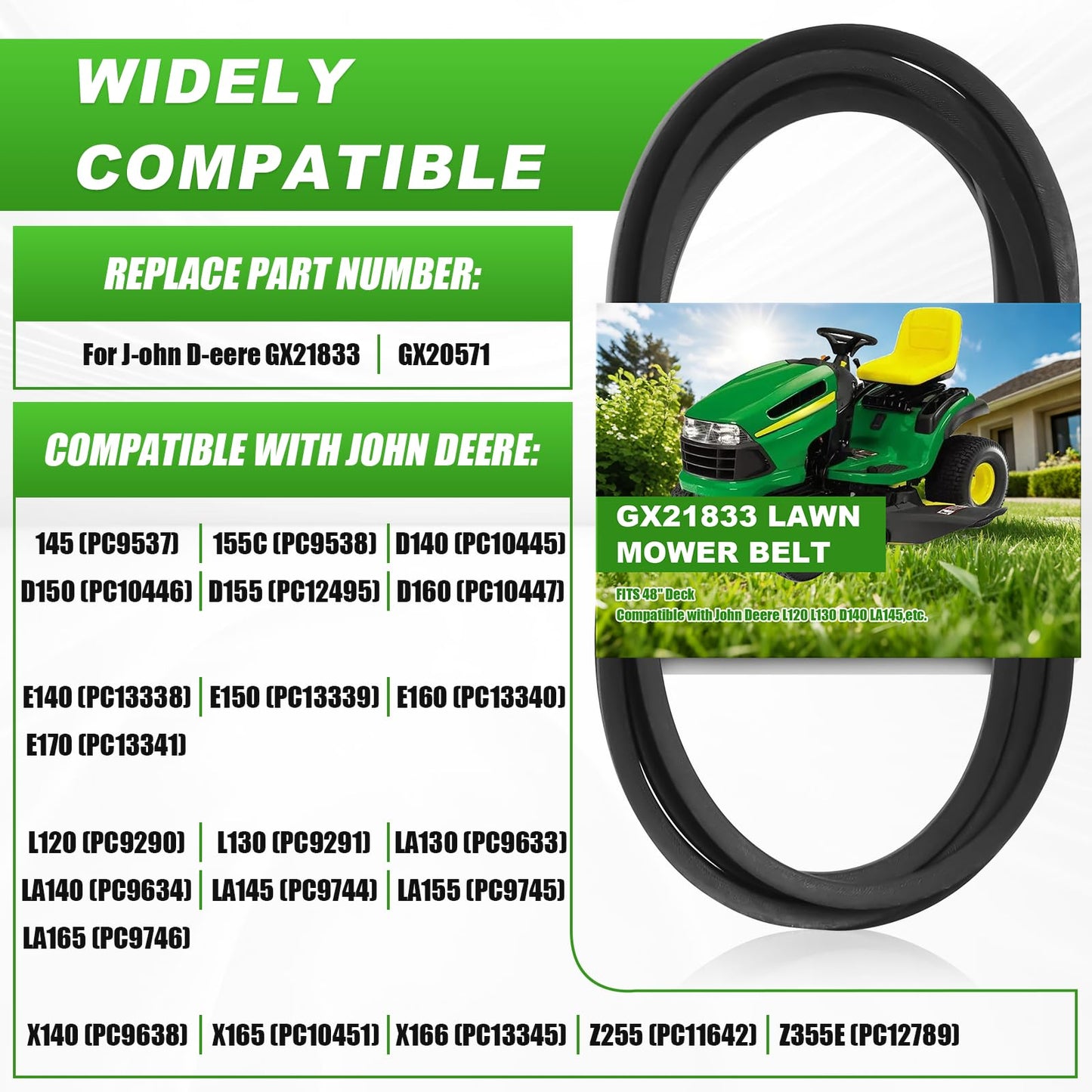 Upgraded GX21833 Deck Drive Belt Replacement Compatible with John Deere L120 L130 145 D140 LA145 LA130 D150 D160 LA165 LA155 X165 48-Inch Deck GX20571 Fit Stens 265-238