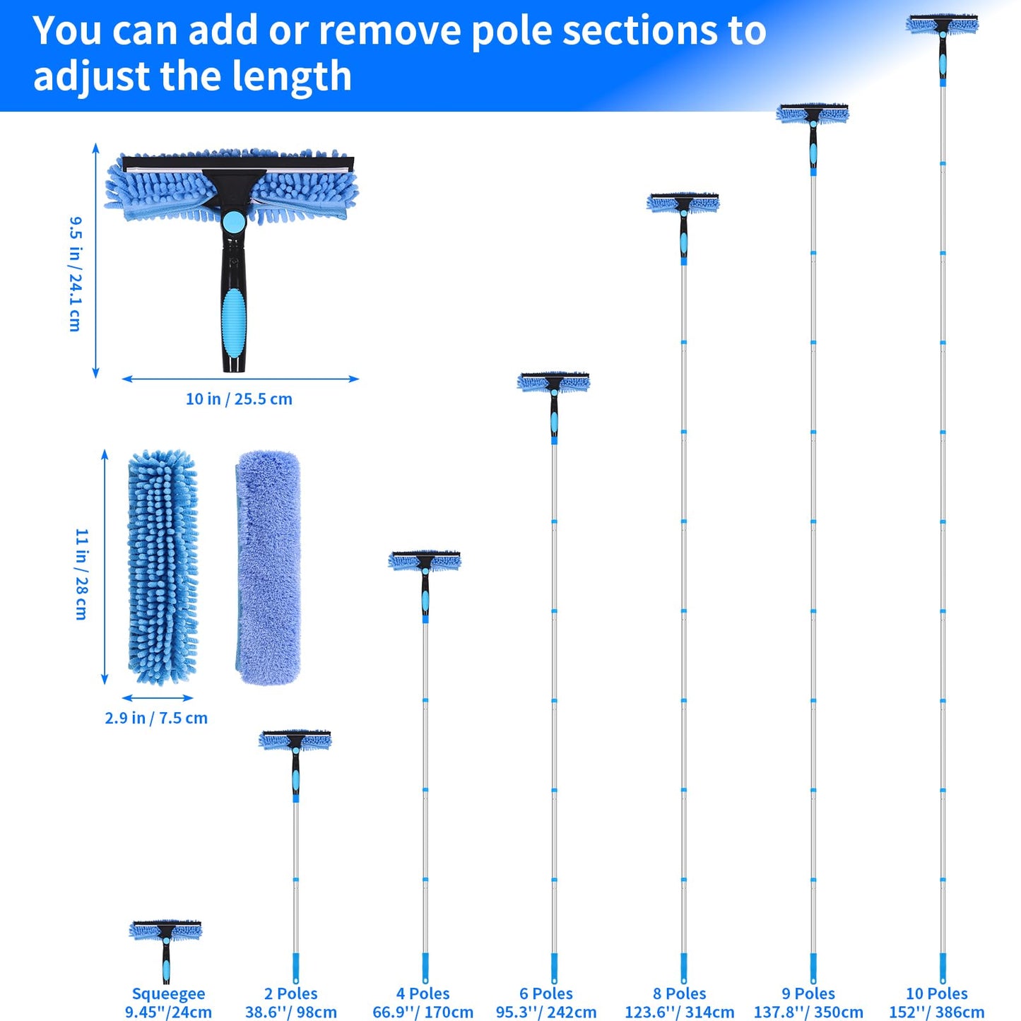 12.7FT/ 3.9M Window Cleaning Tools Window Squeegee, 2 in 1 Rotatable Window Washing Kit with Extension Pole for High Windows, Ceilings, Cars
