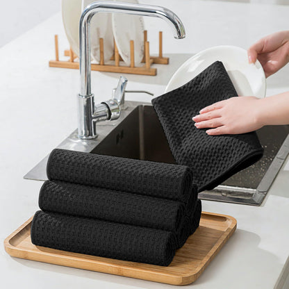 Waffle Weave Kitchen Towels and Dishcloths Set, 26 X 18 Inch and 12 X 12 Inch, Set of 10 Black Lint Free Dish Towels for Drying Dishes (Black, Kitchen Towel Set)