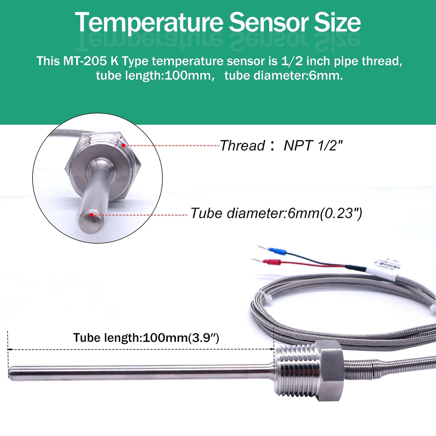 Twidec/2M NPT 1/2"inch Pipe Thread (6X100MM) Temperature Sensor Probe Two Wire Temperature Controller (0~600℃) 304 Stainless Steel K Type Thermocouple MT-205-1/2-6X100