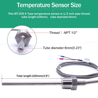 Twidec/2M NPT 1/2"inch Pipe Thread (6X100MM) Temperature Sensor Probe Two Wire Temperature Controller (0~600℃) 304 Stainless Steel K Type Thermocouple MT-205-1/2-6X100