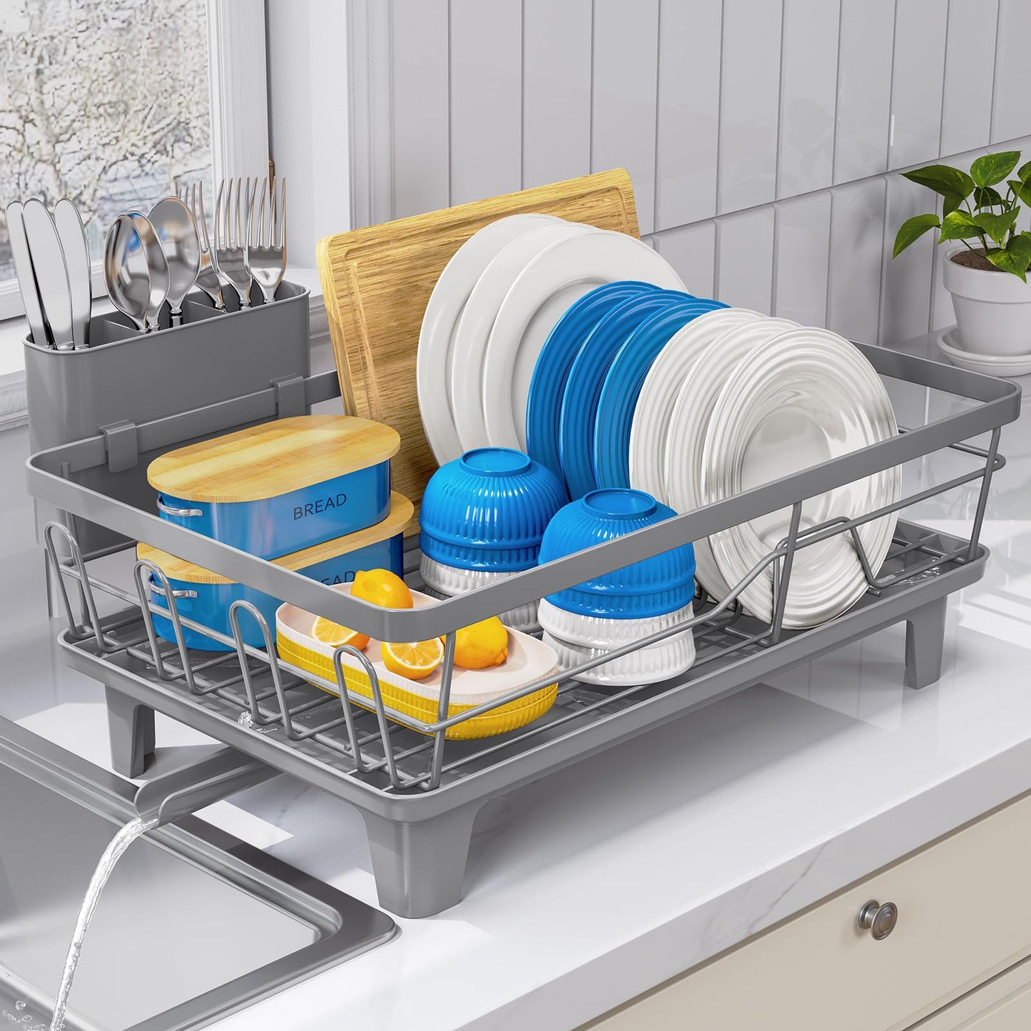 Urackify Dish Drying Rack - Large Dish Rack with Drainboard for Kitchen Counter, Stainless Steel Dish Drainer Fits Most Kitchen Sinks, Gray