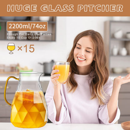Yirilan Glass Water Jug, Glass Pitcher with Lid 74OZ/2.2L Water Pitcher with Lid Handle, Juice Pitcher Jug, Carafe