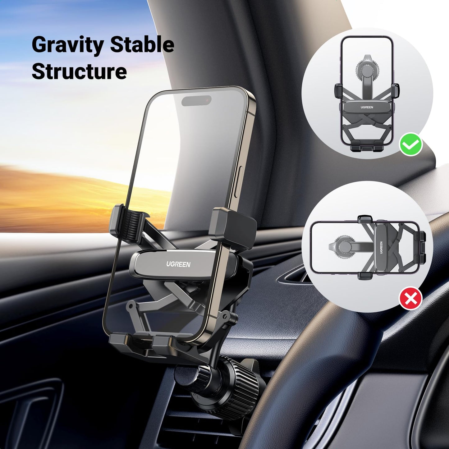 UGREEN Car Phone Holder Gravity Vent Phone Mount, Never Blocking Air Vent Clip Cell Phone Holder Compatible with iPhone 16 15 14 13 12 Pro Max Mini Plus, iPhone 11 SE XS XR 8 7 6 6S Smartphone, Black