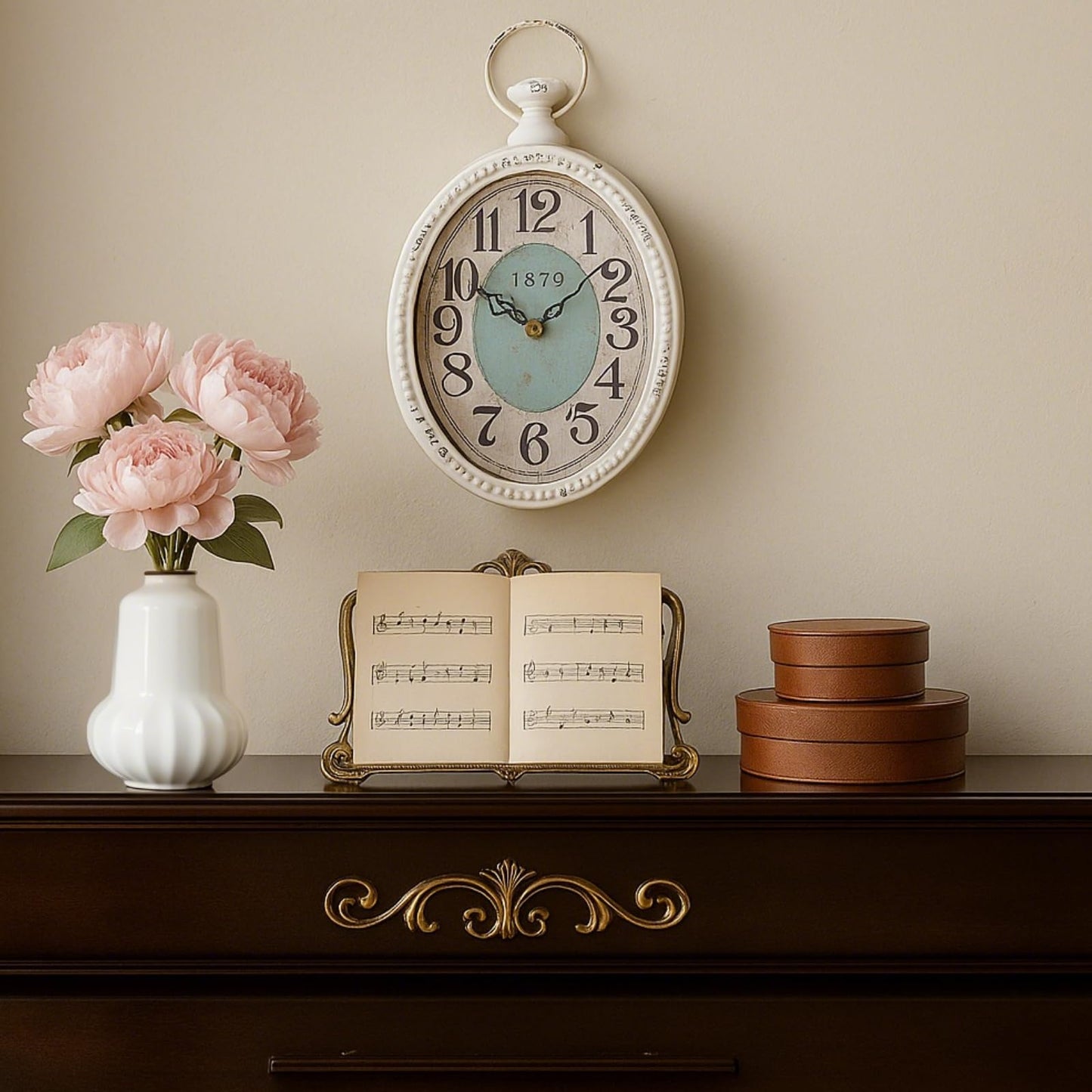 ZENFUN Oval Retro Wall Clock, Rustic Silent Clocks, Elegant Vintage Style, White Antique Design, Battery Operated Non Ticking Wall Clock for Kitchen,Farmhouse, Office(12" H x 6.7" W)