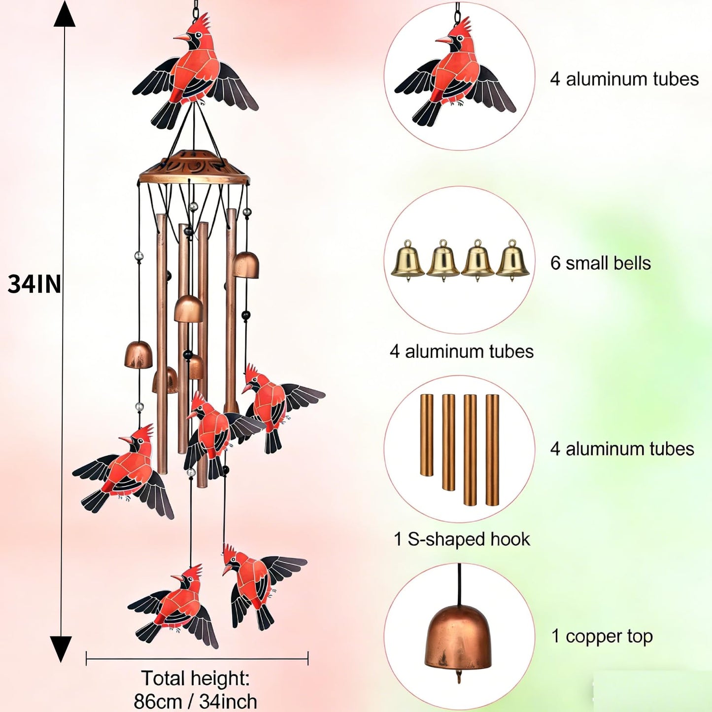 Cardinal Wind Chimes for Outside, Metal Bird Wind Chime with Aluminum Tubes, Garden & Porch Outdoor Decor, Red Cardinal Yard Decoration Gift