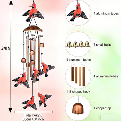 Cardinal Wind Chimes for Outside, Metal Bird Wind Chime with Aluminum Tubes, Garden & Porch Outdoor Decor, Red Cardinal Yard Decoration Gift