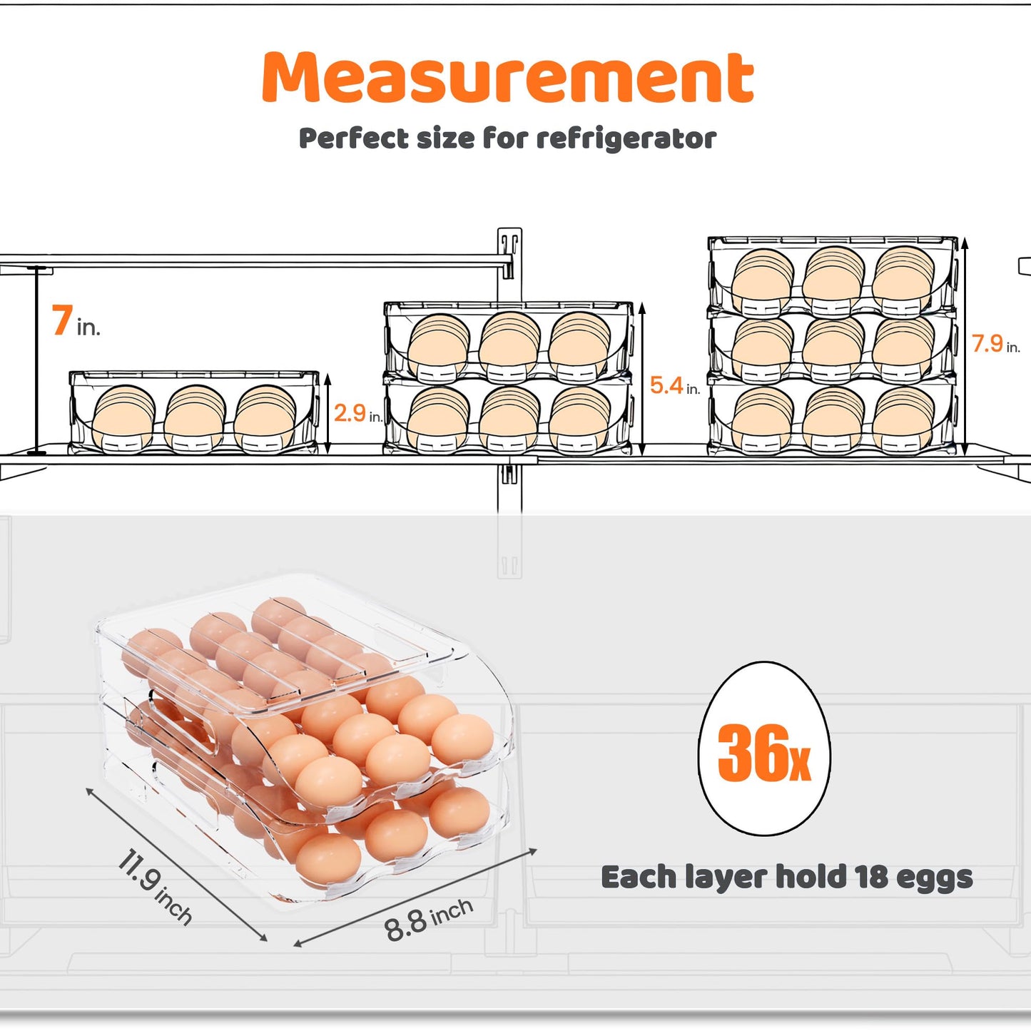 SMRCAD Egg Holder for Fridge, Automatic Stable Rolling Egg Dispenser with Handle & Silicone Pad for Refrigerator, Large Capacity Egg Organizer with Lid