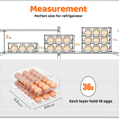 SMRCAD Egg Holder for Fridge, Automatic Stable Rolling Egg Dispenser with Handle & Silicone Pad for Refrigerator, Large Capacity Egg Organizer with Lid
