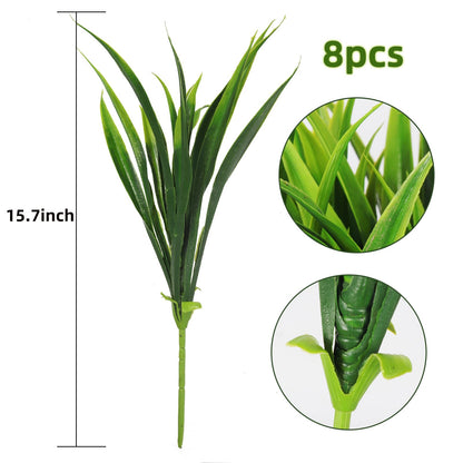 RECUTMS 8 Pcs Artificial Plants for Outdoor Plastic Fake Tropical Flowers Bushes Faux Tall Grass for Home Window Garden Office Patio Planter Pathway Front Porch Decor (Green)