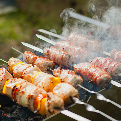 Dicunoy 9 Pcs Metal Barbecue Skewers Shish Kabob Set, 17" Heavy Duty Flat Wide Kabob Skewers for Grilling, Reusable Stainless Steel Flat Shish BBQ Sticks with Rack Stand for Meat, Vegetable Grill