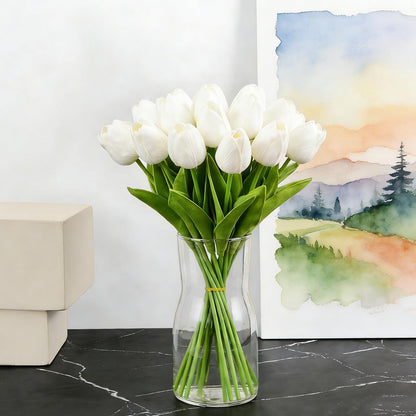 HoveBeaty Artificial Tulips Bridal Wedding Festival Decor Bouquet Real Touch PU Flower Bouquet Pack of 20 (White)