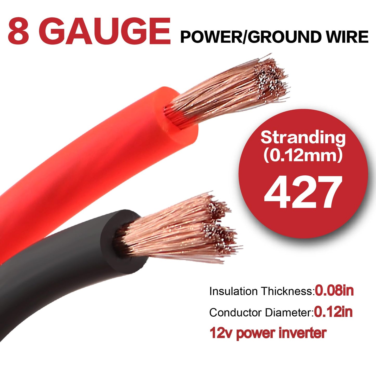 8 Gauge Wire (25ft Each - Red/Black) Copper Clad Aluminum CCA - Primary Automotive Wire,Car Amplifier Power & Ground Cable, 20PCS Lugs Terminal Connectors,20PCS 2:1 Heat Shrink Tubing