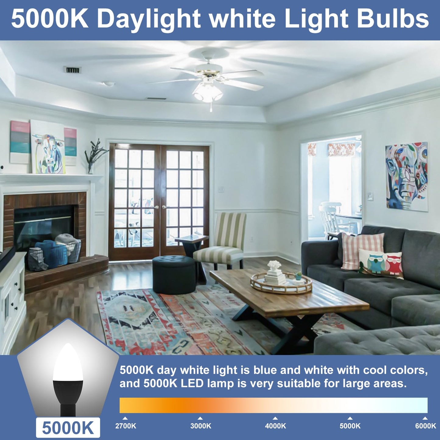 E12 LED Chandelier Light Bulbs 50 Watt Equivalent, Daylight 5000K Candelabra Bulb 560LM, Candle Bulb Small Base Ceiling Fan Bulb B11 Type for Chandelier, Non-Dimmable (12 Pack)