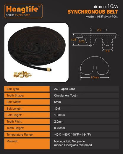 HANGLIFE GT2 Timing Belt with Copper Buckle - 3D Printer Open Synchronous Belt (2mm Pitch) 3D Printer Accessories - 6mm x 10M (32.8ft)