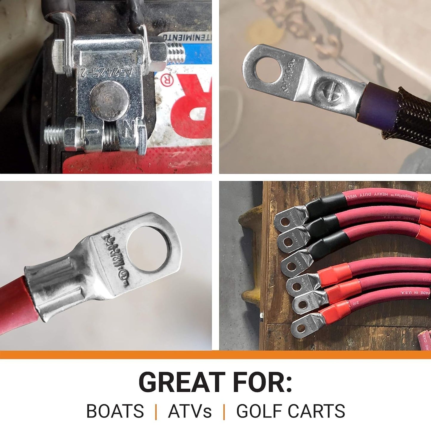 SELTERM 15pcs 1/0 AWG 3/8" Stud UL Marine Grade Battery Terminal Connectors Tinned Copper Battery Cable Lugs 0 Gauge Wire Connectors Electrical Battery Cable Ends Ring Terminals Tinned Copper Lugs