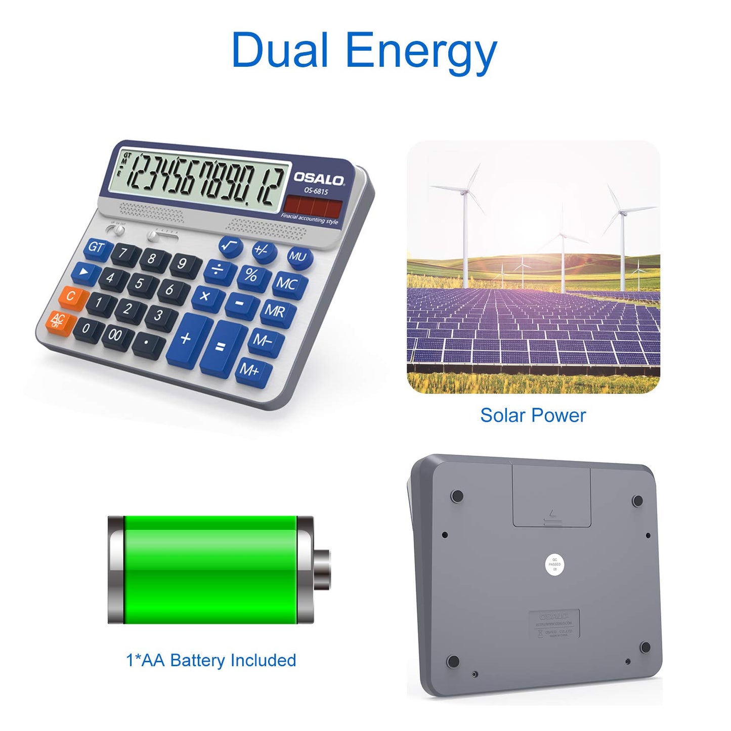 Desktop Calculator Extra Large 5-Inch LCD Display 12 Digit Big Number Accounting Calculator with Giant Response Button, Battery & Solar Powered, Perfect for Office Business Home Daily Use(OS-6815CA)
