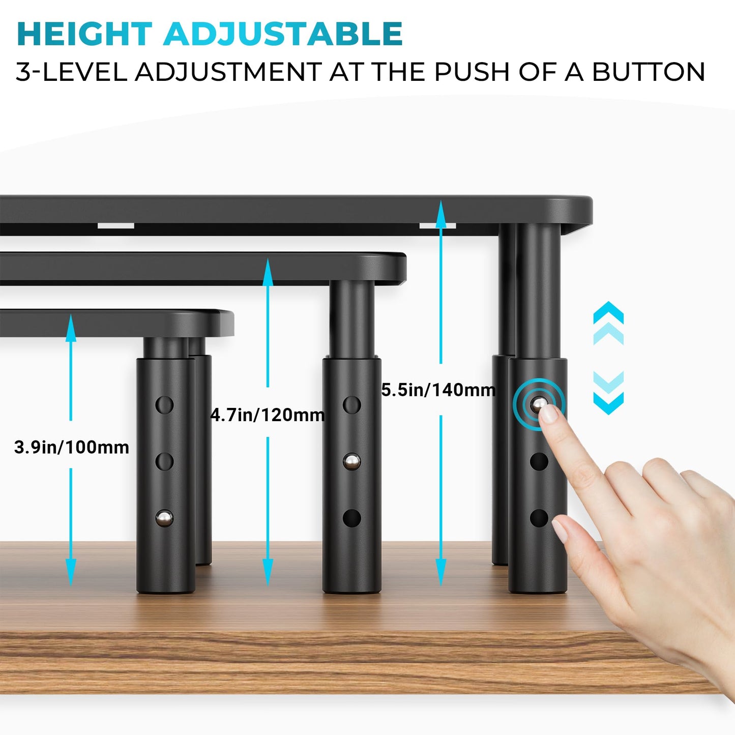 BONTEC 2 Pack Monitor Stand Riser, 3 Height Adjustable Monitor Stand for Desk, Computer Monitor Riser Stand with Mesh Platform for Laptop, Computer, iMac, PC (Black, 2 Pack Normal)