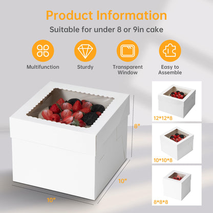 T-Language Cake Boxes and Boards Set (10 boxes & 10 boards) - 10x10x8 Inches White Bakery Boxes with Stickers, Red Ribbons for Multi-Layer Cakes and Cake Decorating