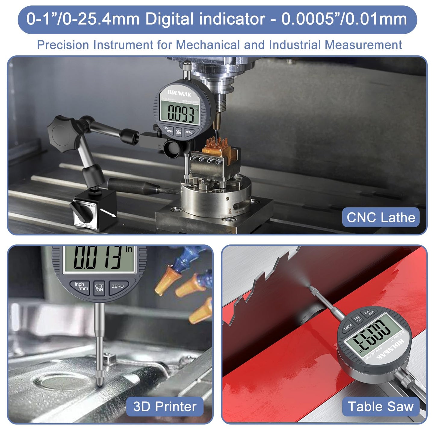 HDLNKAK Electronic Digital Dial Indicator Gauge Inch/Metric Conversion 0-1 Inch/25.4 mm Digital Probe Indicator Dial Test Gauge High Resolution: 0.0005''/0.01mm