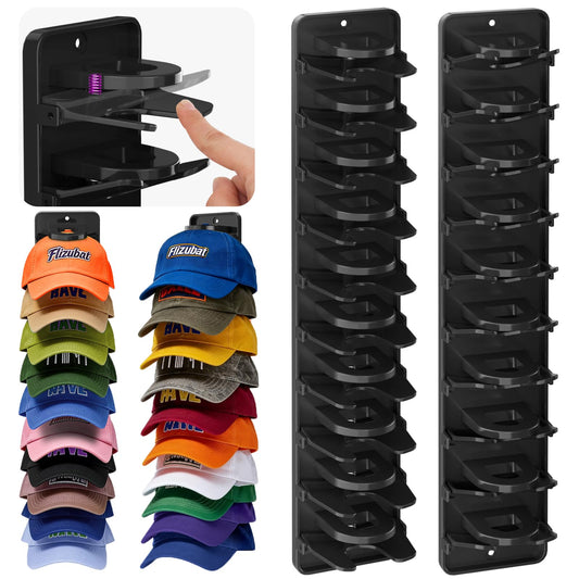 Spring-Loaded Hat Organizer for Baseball Caps (2 Pack) – Holds 20 Caps, Quick Insert & Smooth Release with Secure Hold, Wall Mount for Closet or Door with Adhesive & Screws – Black
