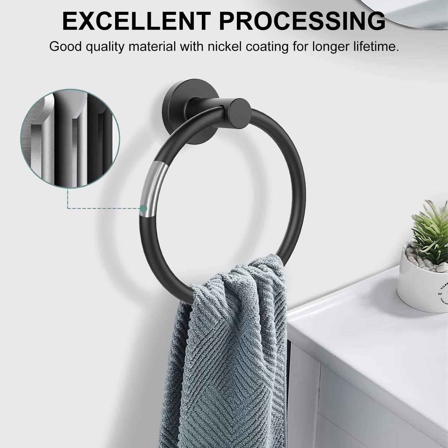 SetSail Towel Holder for Bathroom Wall Matte Black Ring Stainless Steel Heavy Duty Hand Towel Hanger for Kitchen, 2 Pack