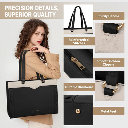 RAINSMORE Laptop Bag for Women 15.6 Inch Work Tote Bag for Women with Detachable Strap & Bow Leather Professional Laptop Tote with Cup Holder, Office Business Briefcase Large Handbag，Black-White