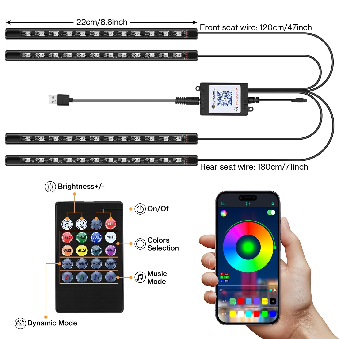 Bawoo Interior Car Lights, Car LED Strip Light Waterproof 48 LED Lights for Car with APP Control, RGB Music Sync Under Dash Car Light with Car Charger, DC (Large/APP & Remote Control)