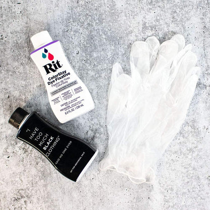 Rit Dye Back to Black Kit – Includes Jet Black All Purpose Dye, ColorStay Dye Fixative, & Gloves – Restore Faded Fabrics