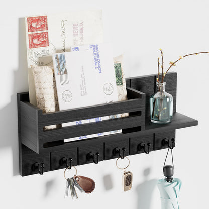 SWTYMIKI Key Holder Wall Mount - Key Holder with Shelf Includes Letter Holder ＆ 6 Key Hooks, Paulownia Wood Key Rack with Mounting Hardware, Mail Organizer for Hallway, Entryway, Bedroom, Black