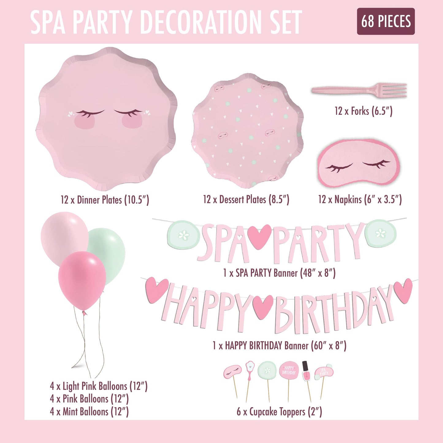 Modern Whimsy 68 pcs Spa Party Decorations | Spa Party Plates, Napkins & Forks | Spa Party Supplies for Girls | Sleepover Party Supplies for Girls | Happy Birthday Banner, Spa Party Banner (Serves 12)